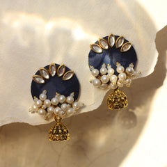 CC-ROUND TIE & DYE (BLUE) KUNDAN JHUMKA handmade earrings