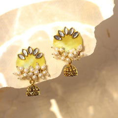 CC-ROUND TIE & DYE (YELLOW) KUNDAN JUMKA handmade earrings