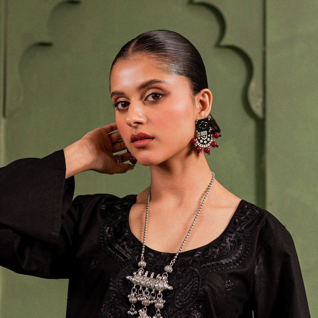 AJ-AJRAK WITH RED STONES handmade fabric earrings